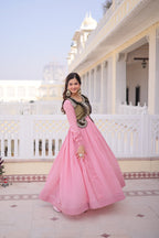 Jyoti Fashion Baby Pink Mal Chanderi Designer Anarkali Gown with Koti - Distacart