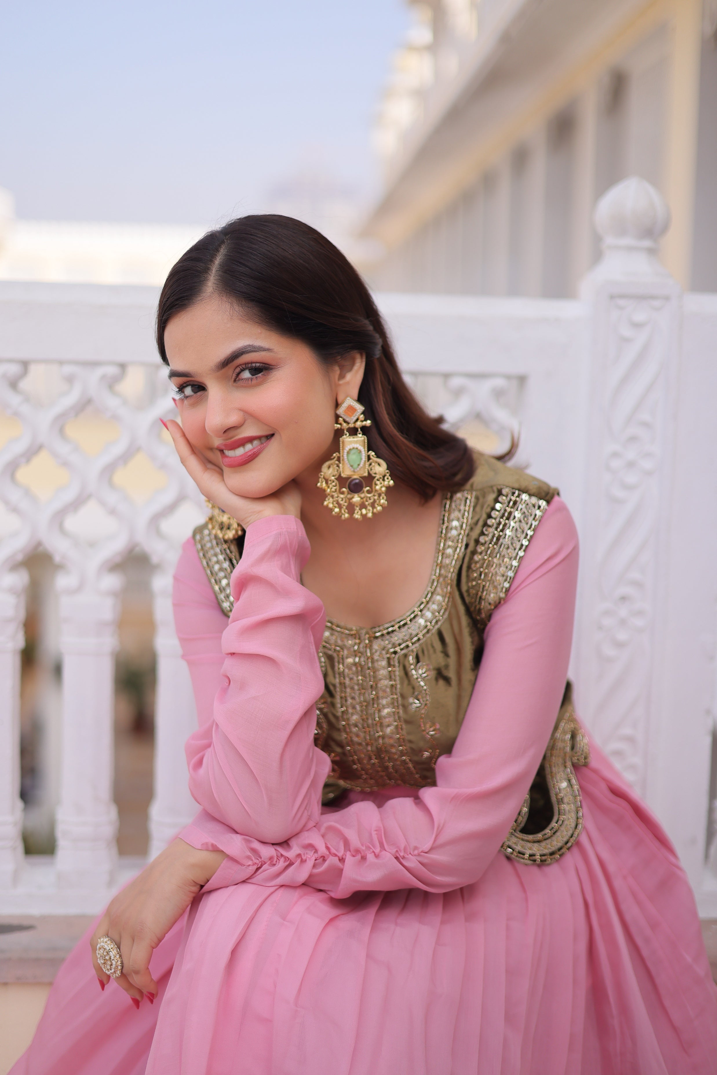 Jyoti Fashion Baby Pink Mal Chanderi Designer Anarkali Gown with Koti - Distacart