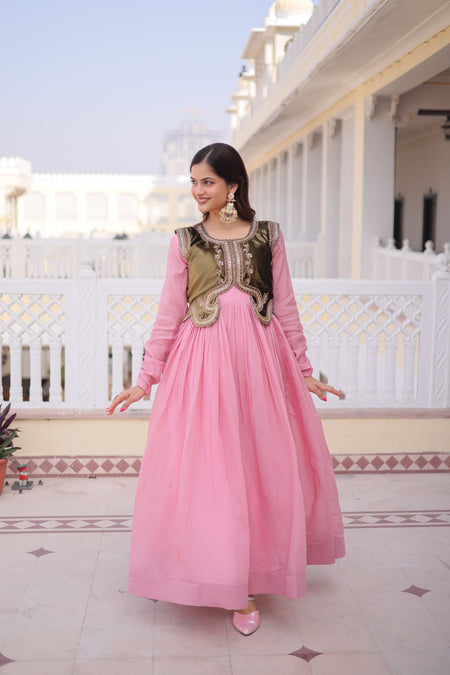 Jyoti Fashion Baby Pink Mal Chanderi Designer Anarkali Gown with Koti