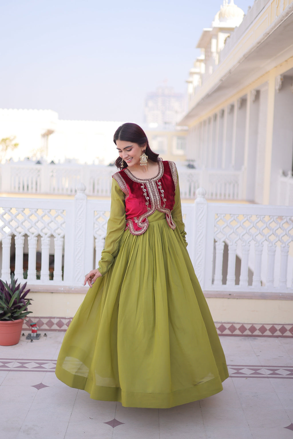 Jyoti Fashion Green Mal Chanderi Designer Anarkali Gown with Koti - Distacart