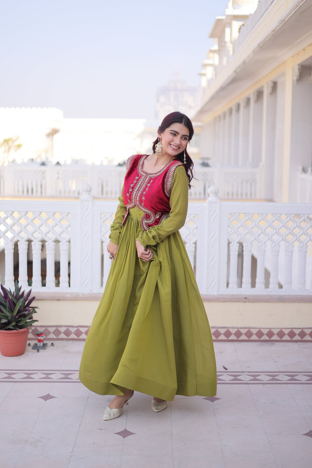 Jyoti Fashion Green Mal Chanderi Designer Anarkali Gown with Koti - Distacart