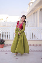 Jyoti Fashion Green Mal Chanderi Designer Anarkali Gown with Koti - Distacart