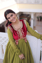 Jyoti Fashion Green Mal Chanderi Designer Anarkali Gown with Koti - Distacart