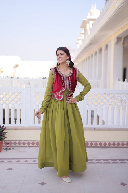 Jyoti Fashion Green Mal Chanderi Designer Anarkali Gown with Koti
