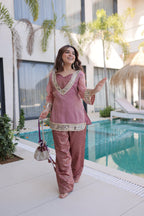 Jyoti Fashion Pink Salsa Fabric Mirror Lace Work Designer Kurta Set with Batwa - Distacart