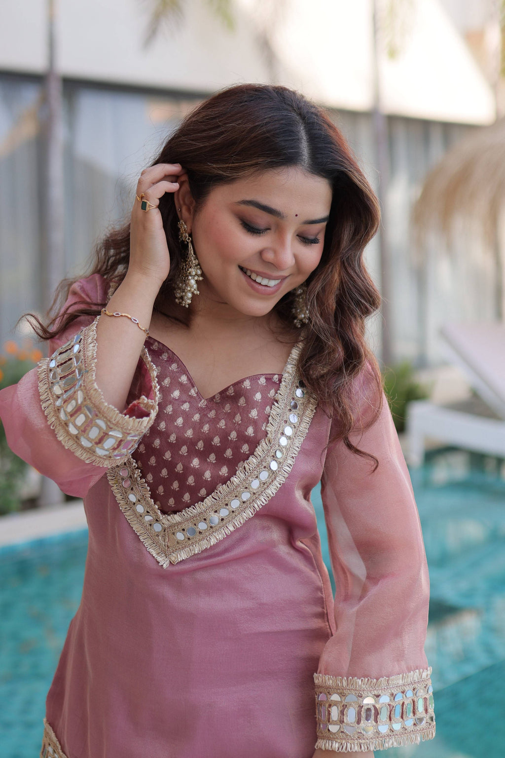 Jyoti Fashion Pink Salsa Fabric Mirror Lace Work Designer Kurta Set with Batwa - Distacart