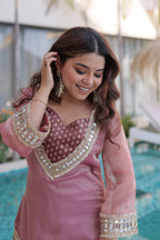 Jyoti Fashion Pink Salsa Fabric Mirror Lace Work Designer Kurta Set with Batwa - Distacart