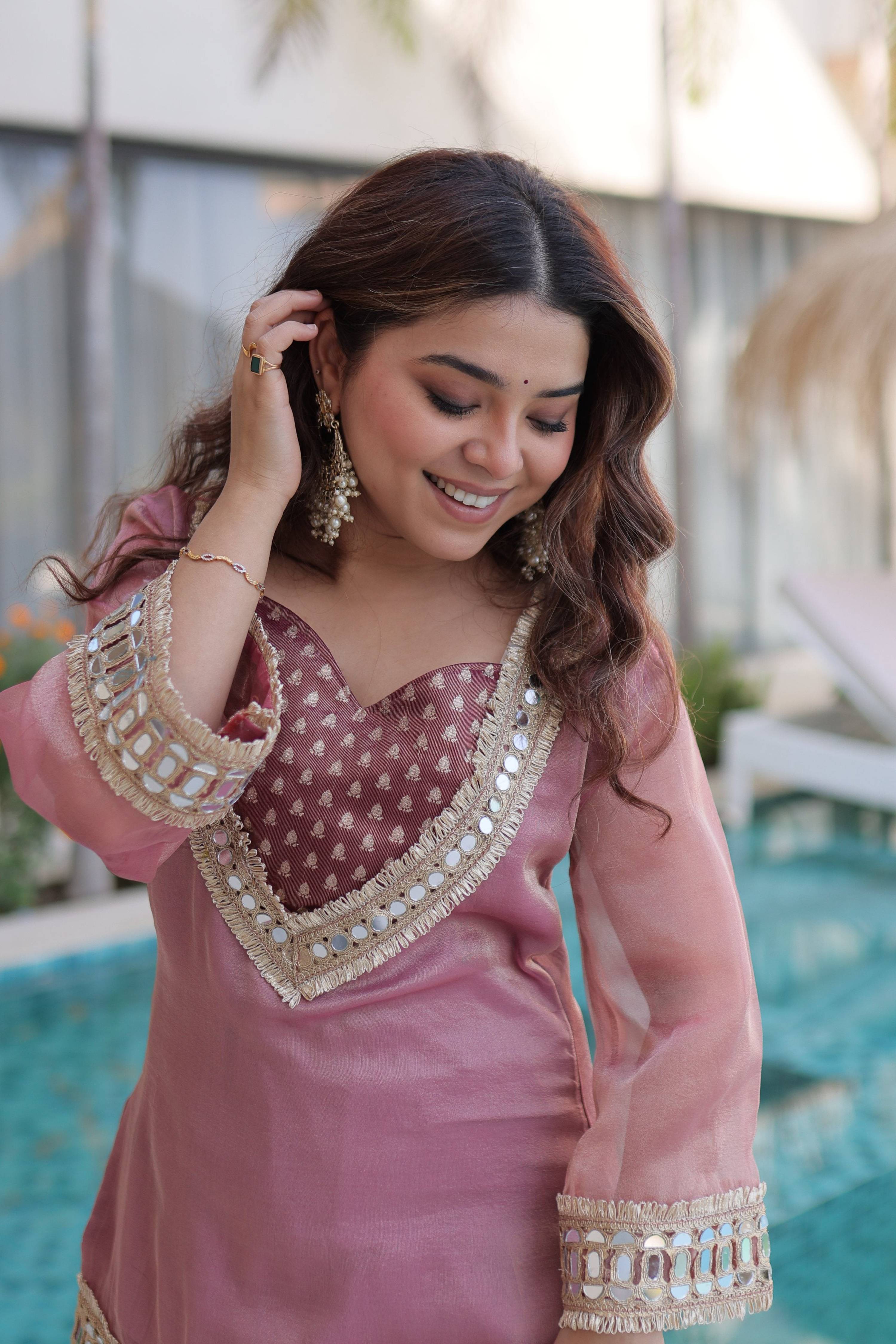 Jyoti Fashion Pink Salsa Fabric Mirror Lace Work Designer Kurta Set with Batwa - Distacart