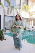 Jyoti Fashion Sea Green Salsa Fabric Mirror Lace Work Designer Kurta Set with Batwa - Distacart