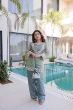 Jyoti Fashion Sea Green Salsa Fabric Mirror Lace Work Designer Kurta Set with Batwa - Distacart