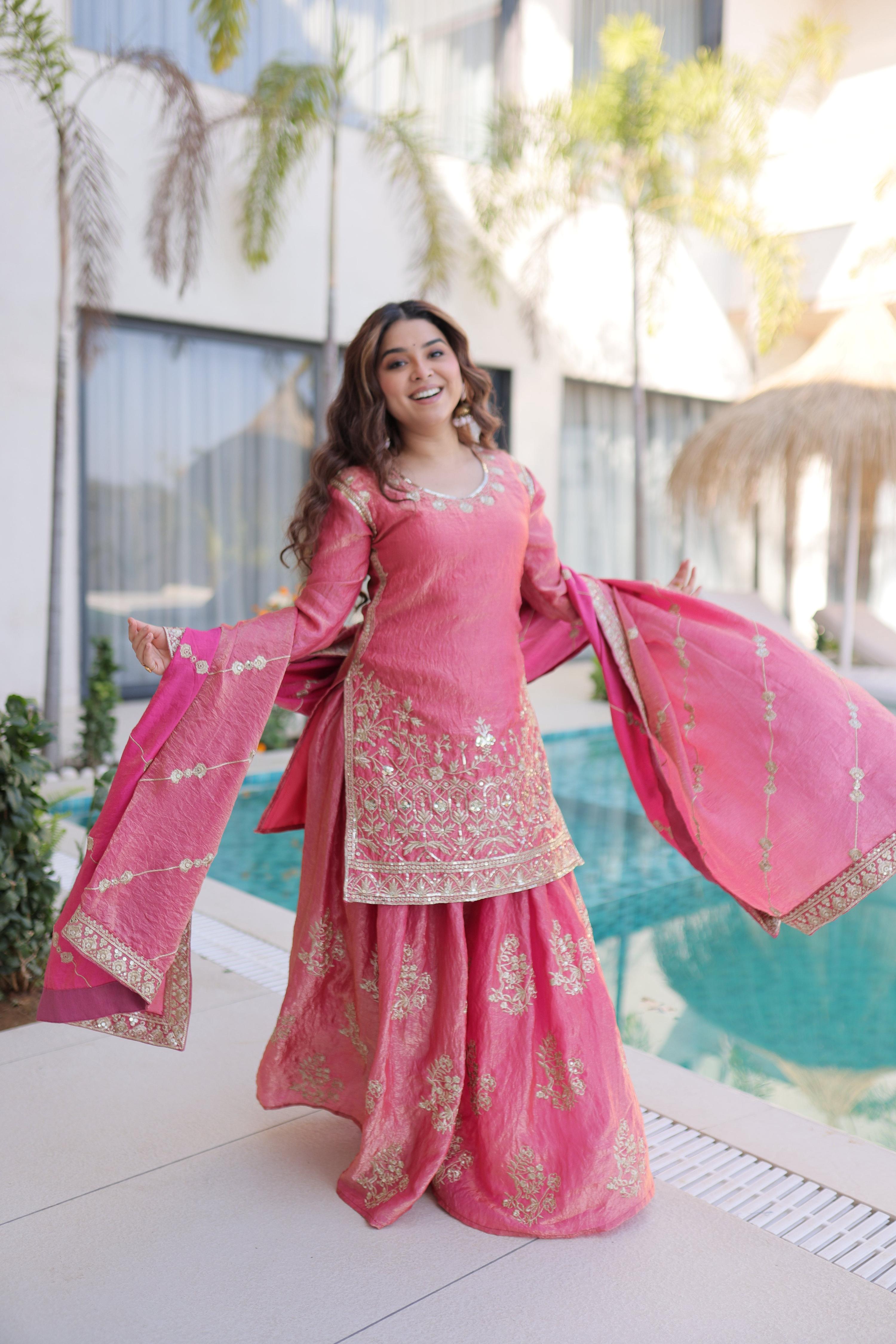 Jyoti Fashion Pink Fendy Crush Embroidered Designer Sharara & Sets - Distacart