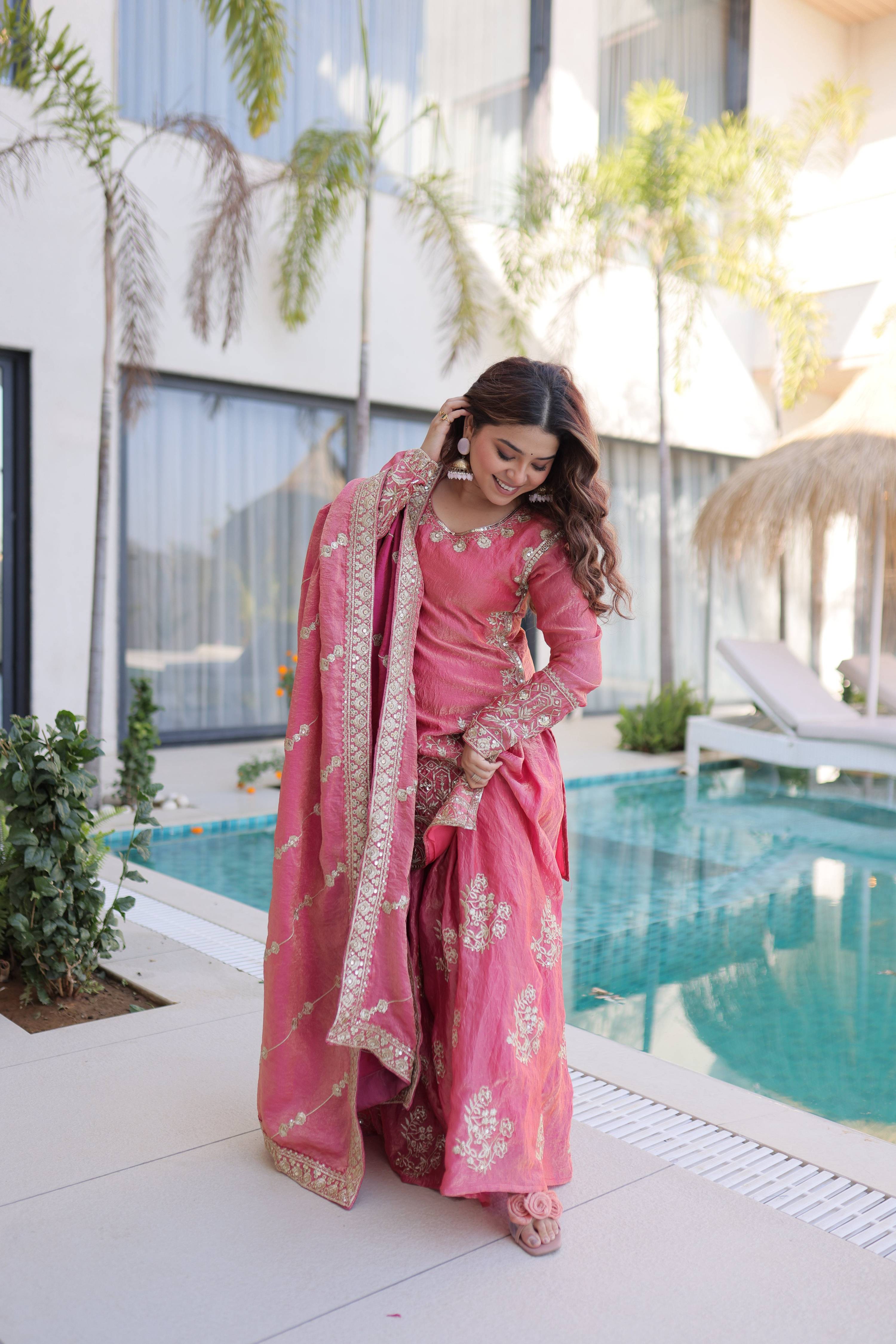 Jyoti Fashion Pink Fendy Crush Embroidered Designer Sharara & Sets - Distacart