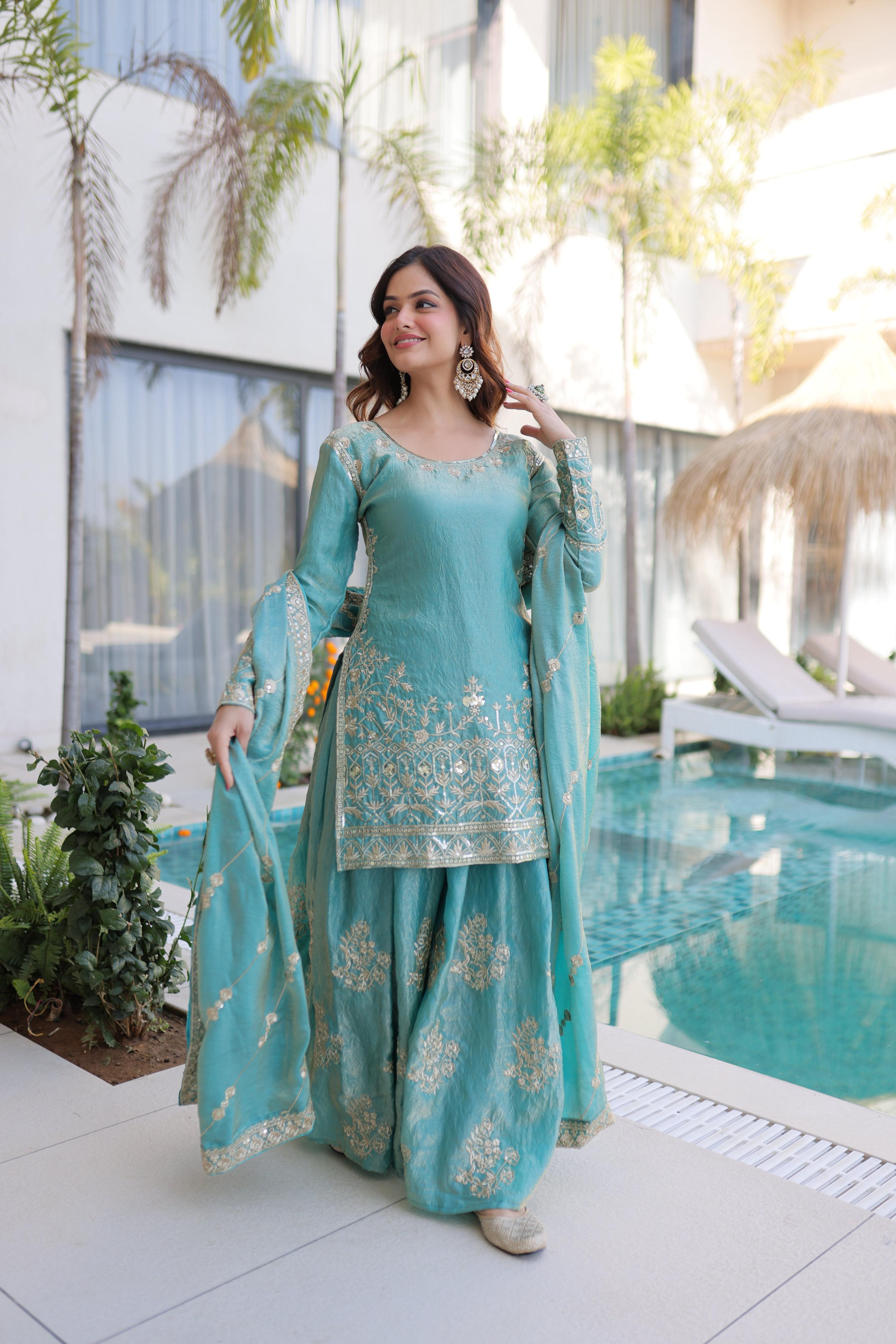 Jyoti Fashion Sky Blue Fendy Crush Embroidered Designer Sharara & Sets - Distacart