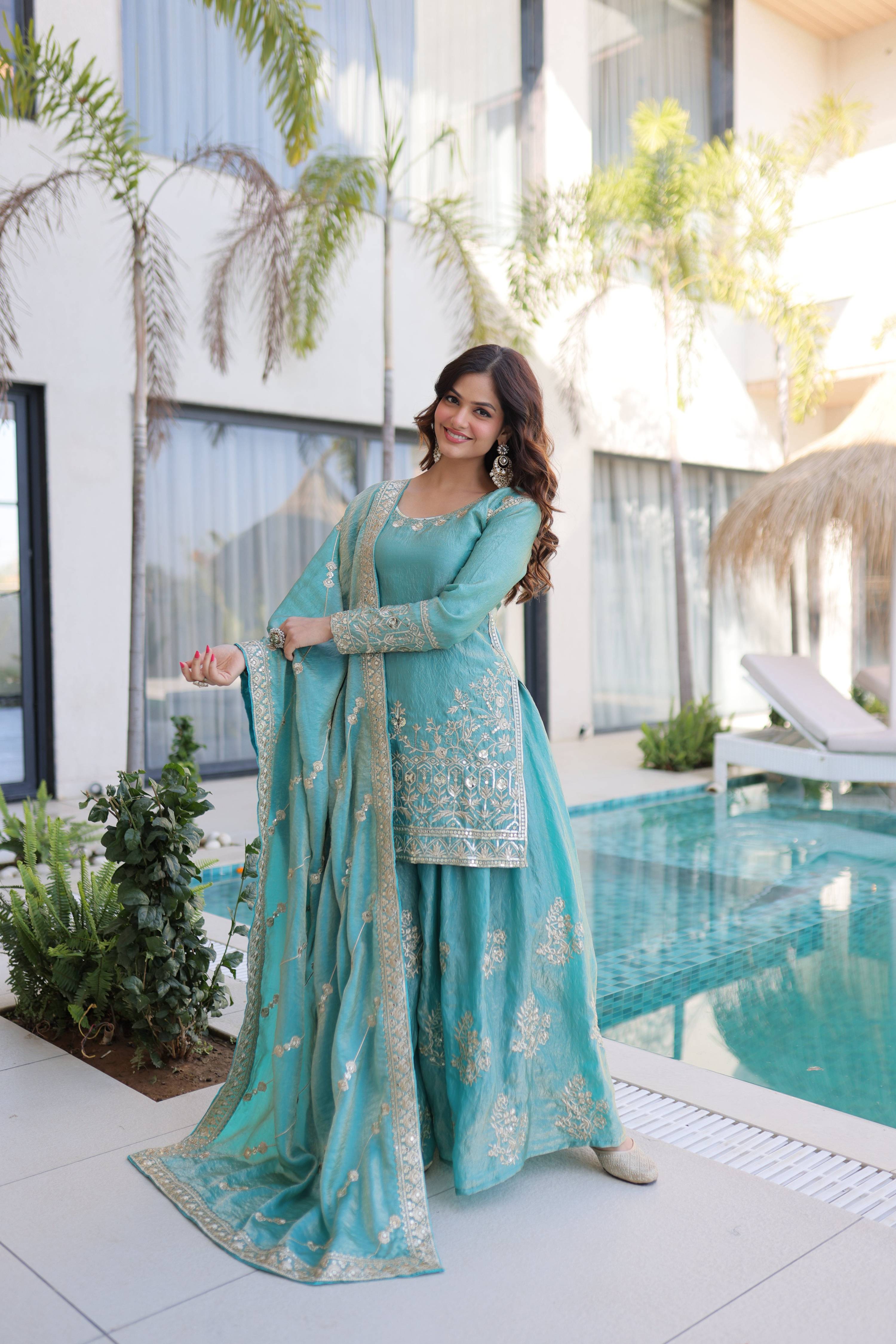 Jyoti Fashion Sky Blue Fendy Crush Embroidered Designer Sharara & Sets - Distacart