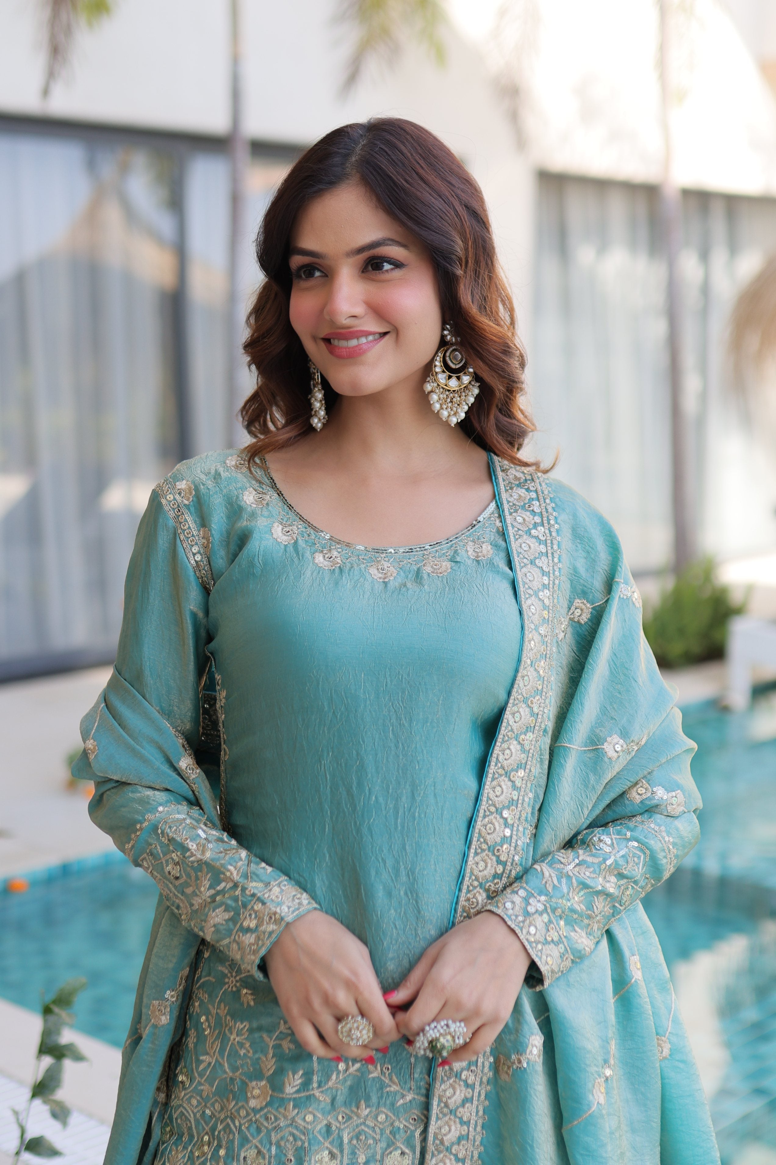 Jyoti Fashion Sky Blue Fendy Crush Embroidered Designer Sharara & Sets - Distacart