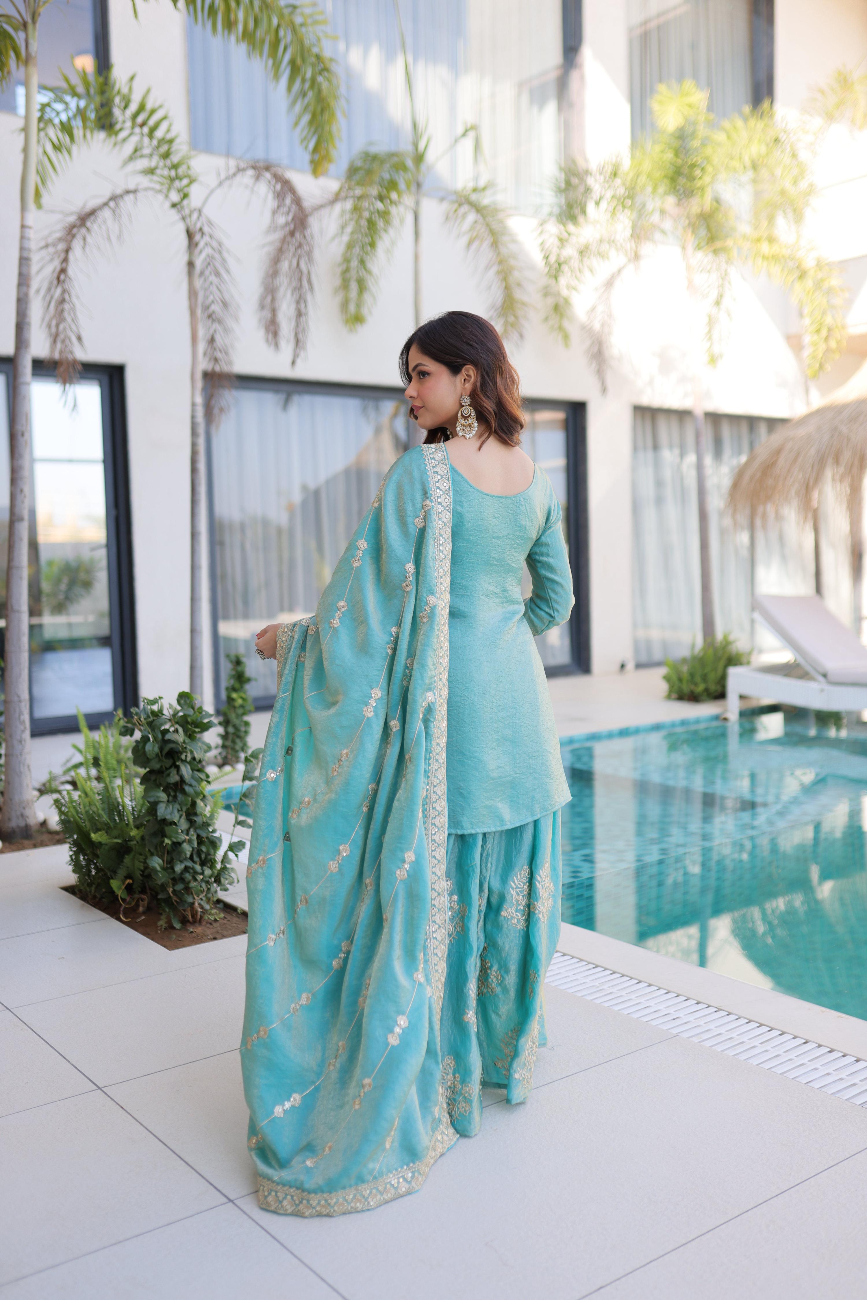 Jyoti Fashion Sky Blue Fendy Crush Embroidered Designer Sharara & Sets - Distacart