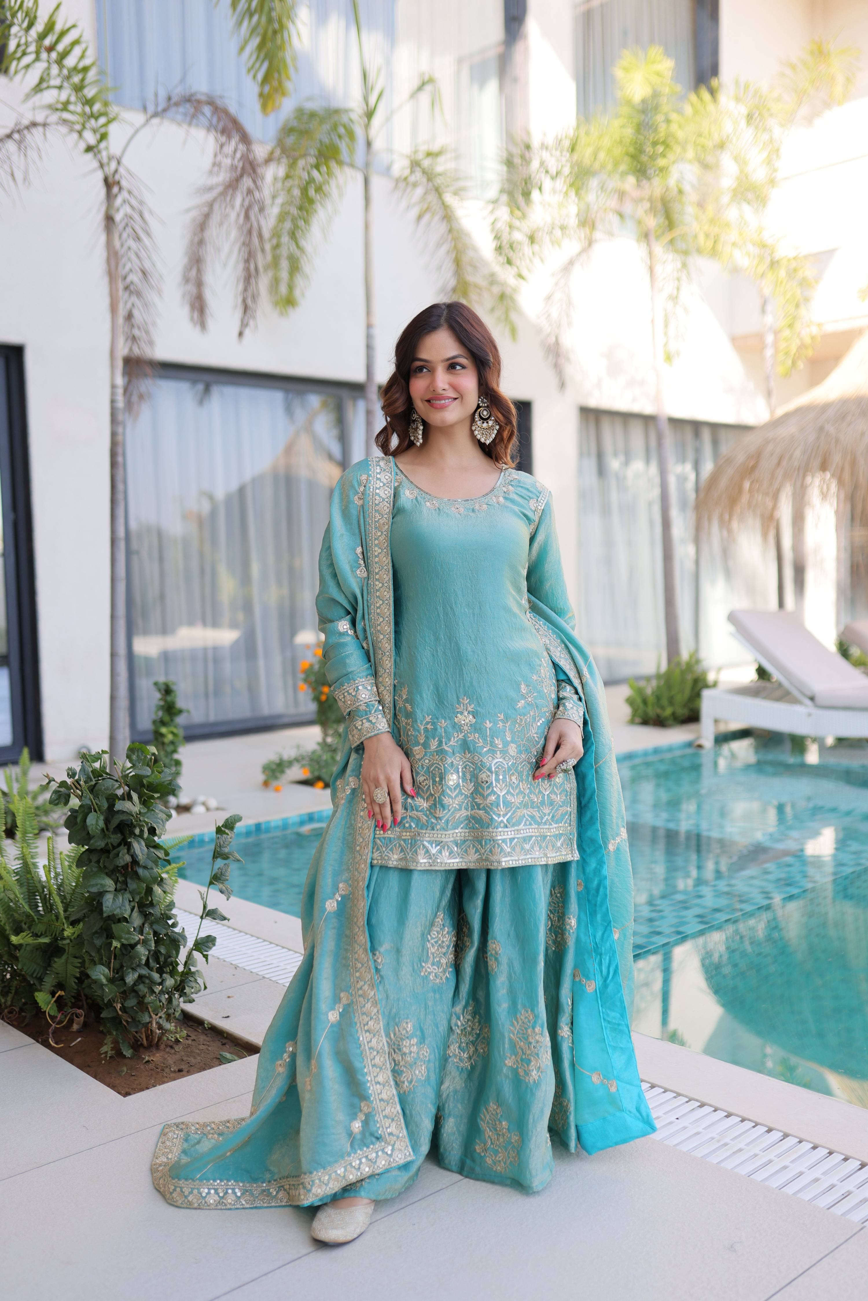 Jyoti Fashion Sky Blue Fendy Crush Embroidered Designer Sharara & Sets - Distacart