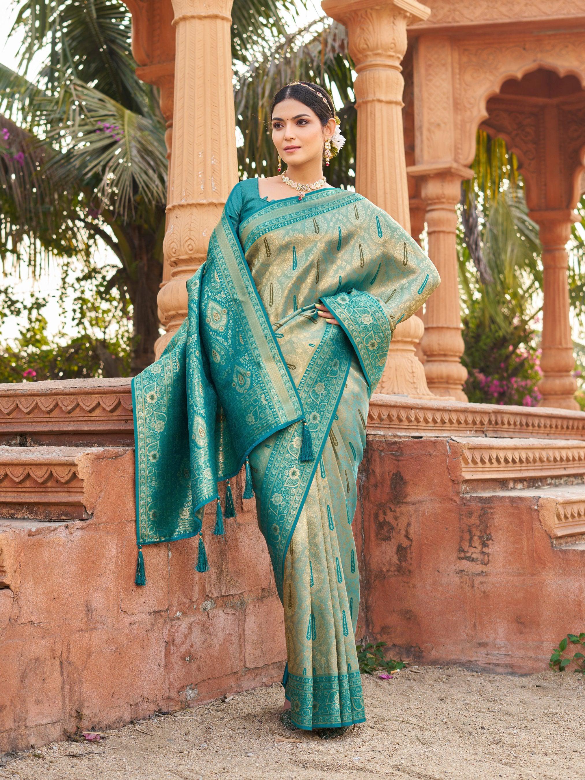 Jyoti Fashion Women's Teal Soft Banarasi Silk Zari Woven Saree with Blouse - Distacart
