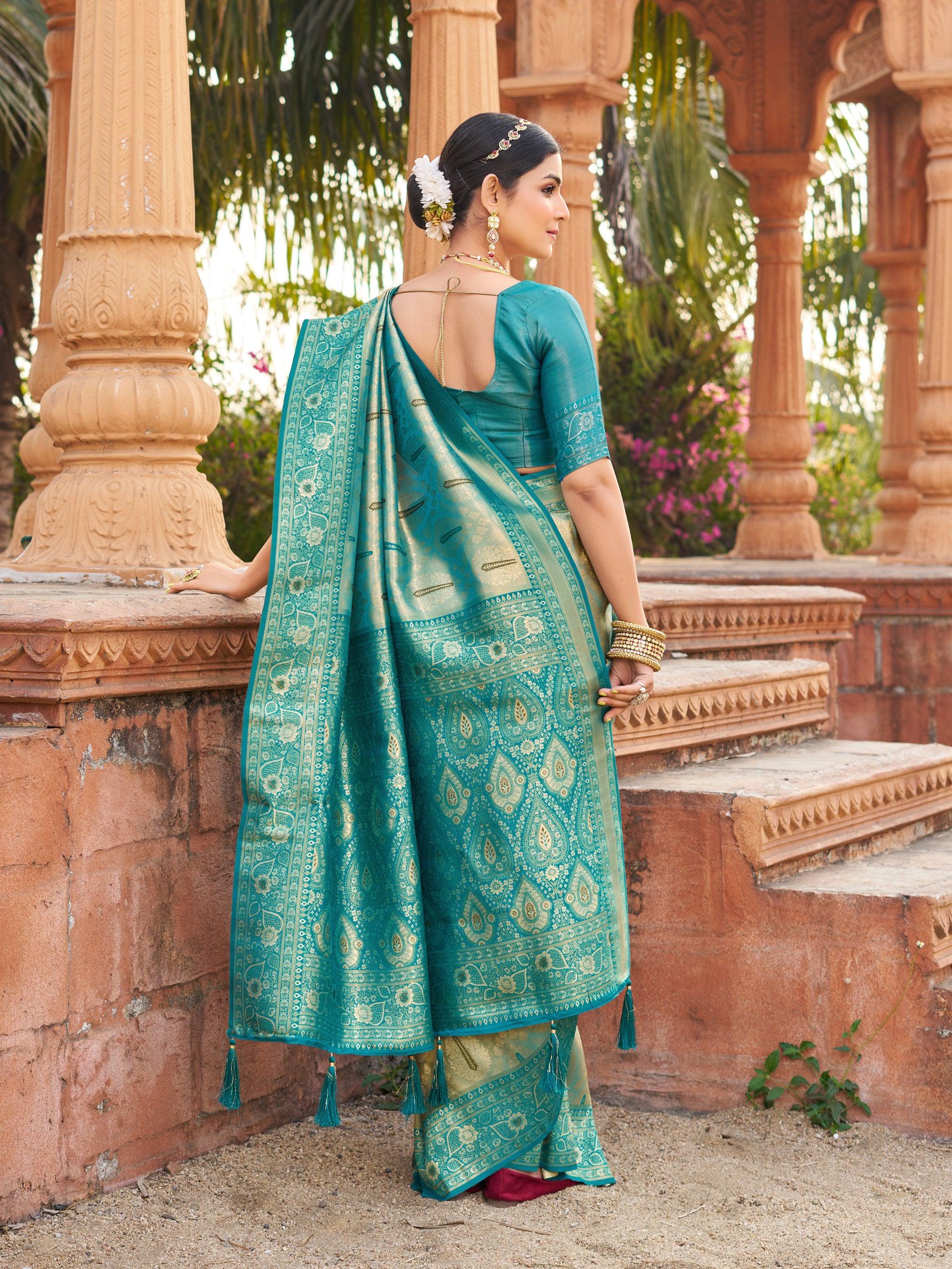 Jyoti Fashion Women's Teal Soft Banarasi Silk Zari Woven Saree with Blouse - Distacart