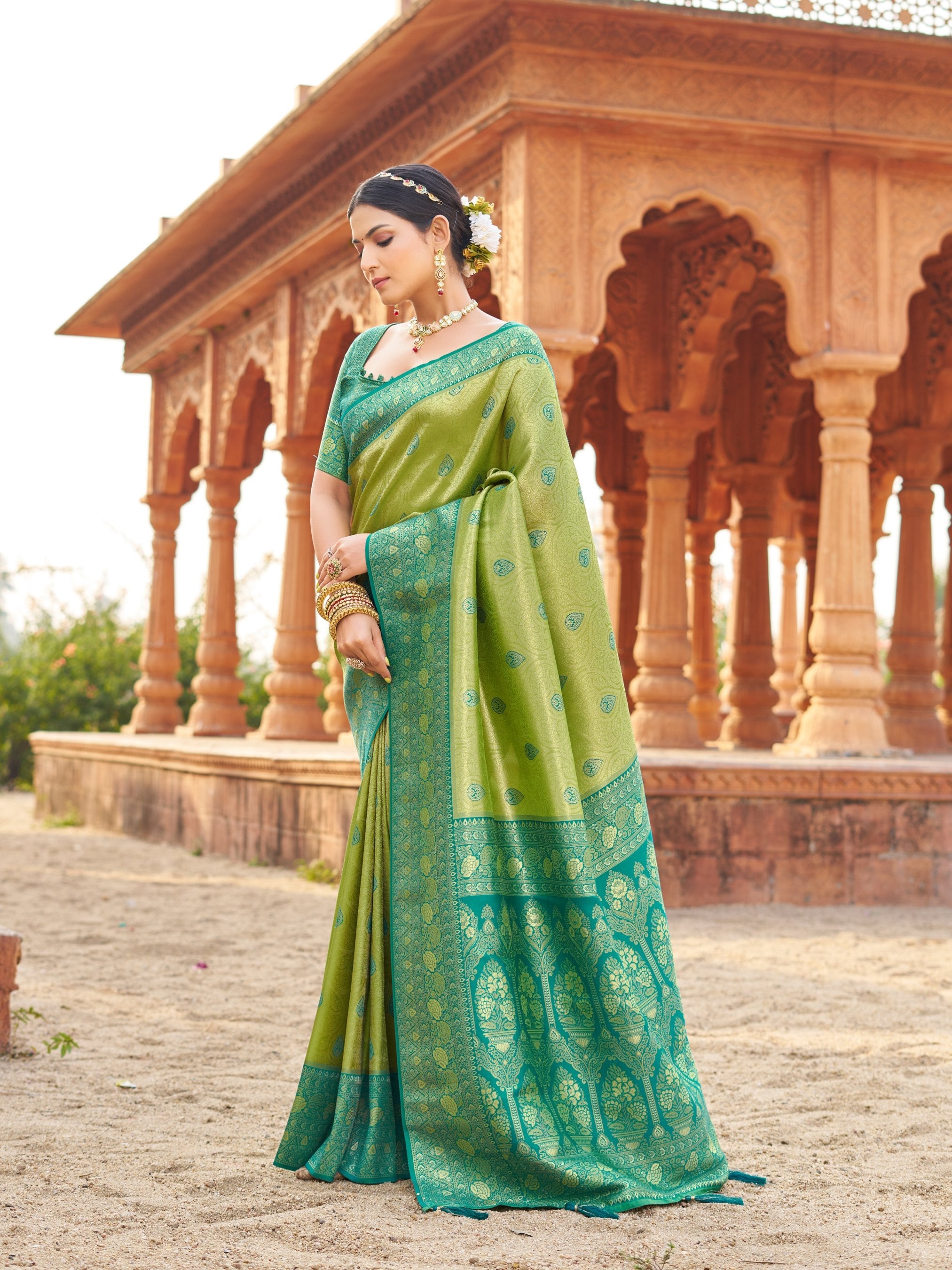 Jyoti Fashion Women's Green Soft Banarasi Silk Zari Woven Saree with Blouse - Distacart