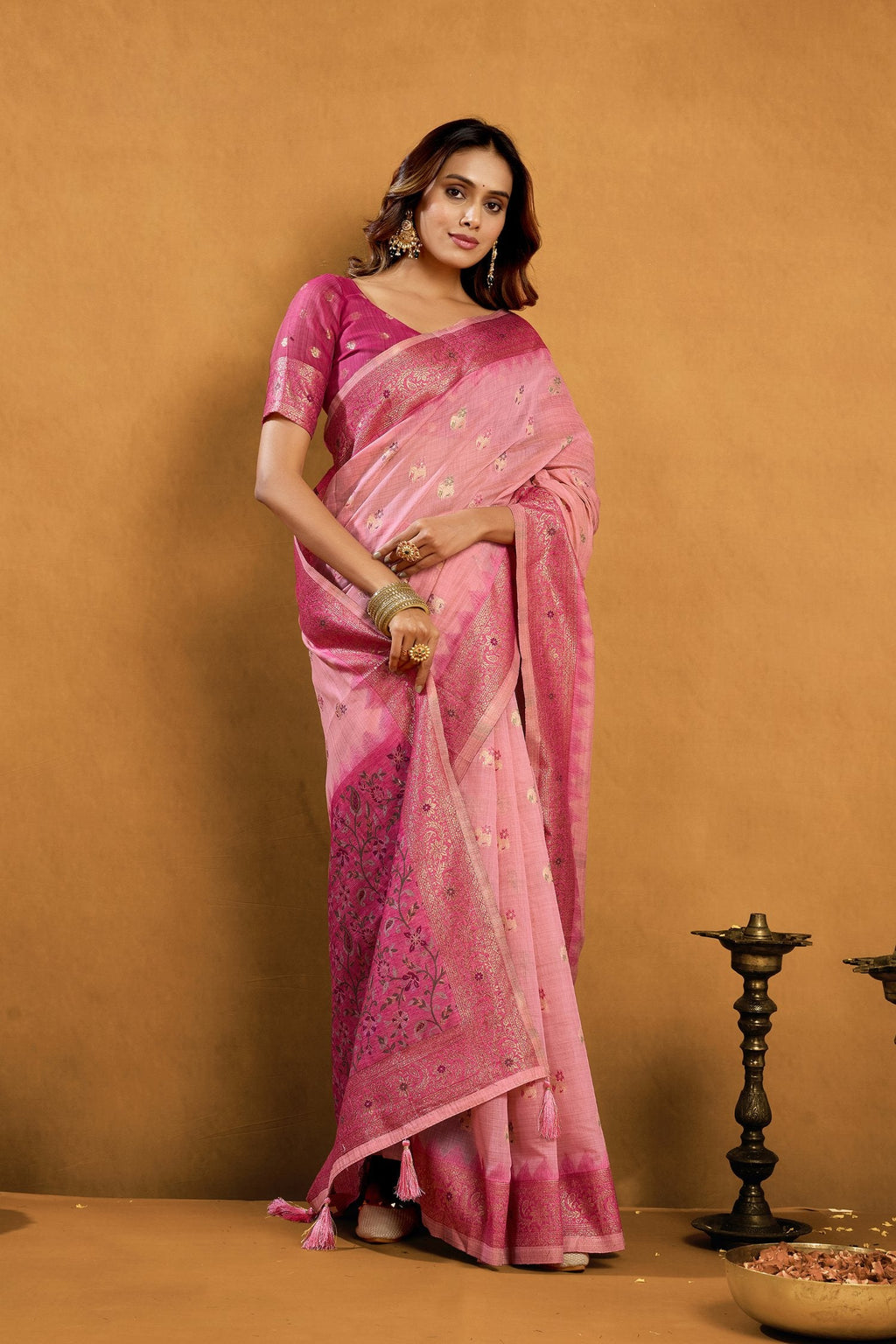 Jyoti Fashion Women's Pink Premium Spun Cotton Zari Woven Saree with Blouse - Distacart