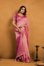 Jyoti Fashion Women's Pink Premium Spun Cotton Zari Woven Saree with Blouse - Distacart
