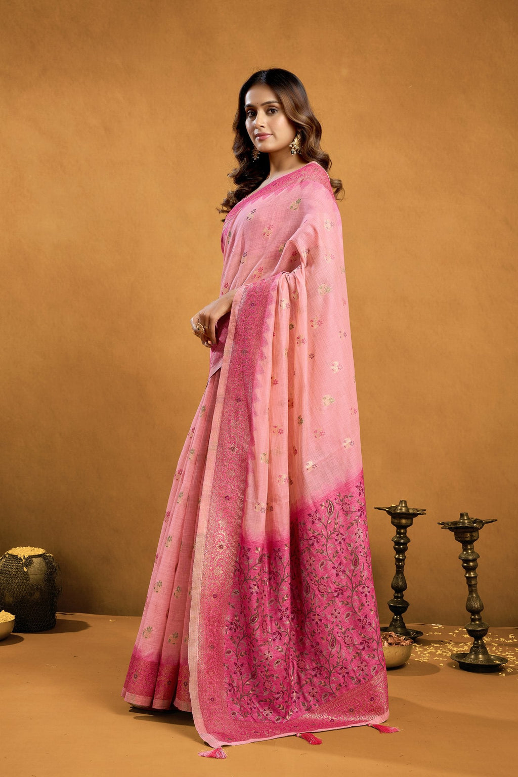 Jyoti Fashion Women's Pink Premium Spun Cotton Zari Woven Saree with Blouse - Distacart