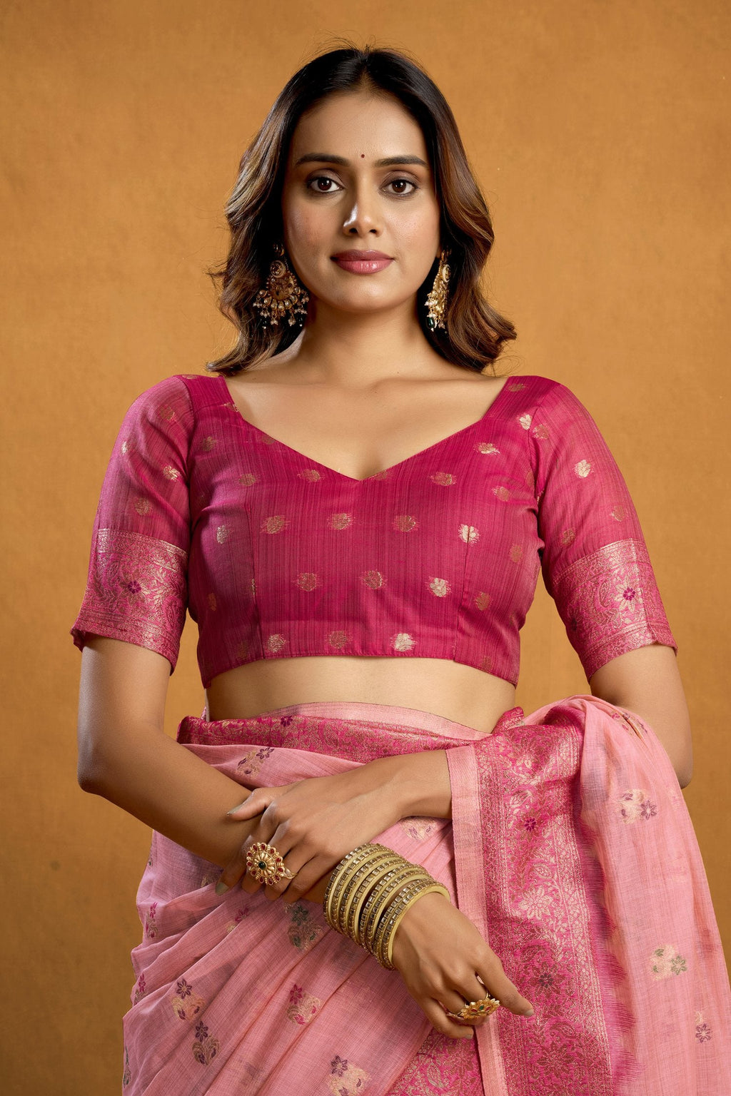 Jyoti Fashion Women's Pink Premium Spun Cotton Zari Woven Saree with Blouse - Distacart