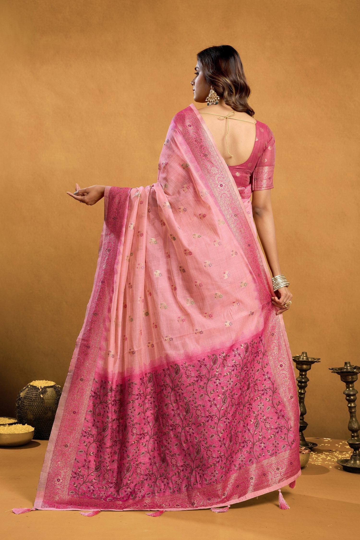 Jyoti Fashion Women's Pink Premium Spun Cotton Zari Woven Saree with Blouse - Distacart