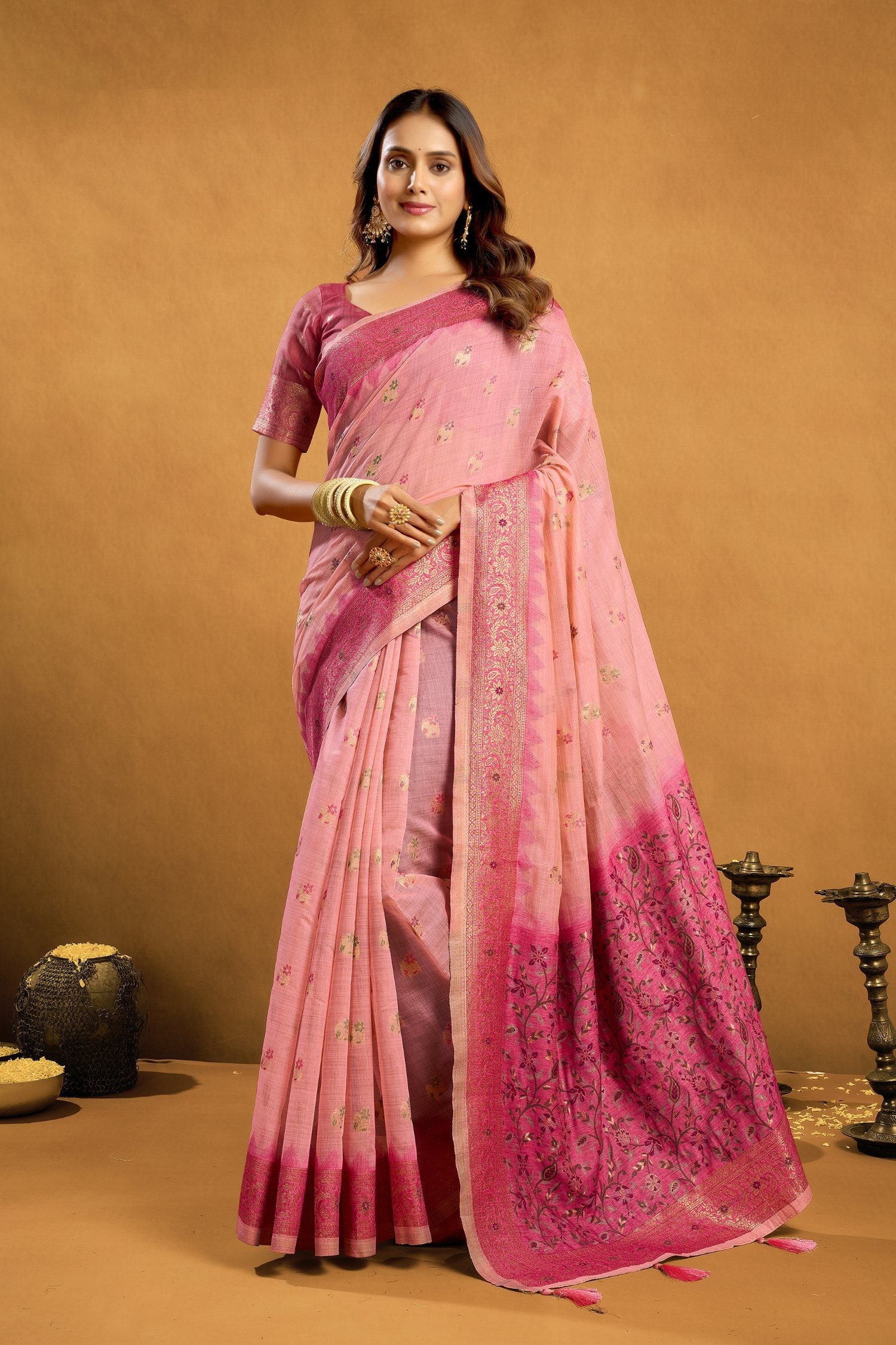 Jyoti Fashion Women's Pink Premium Spun Cotton Zari Woven Saree with Blouse - Distacart