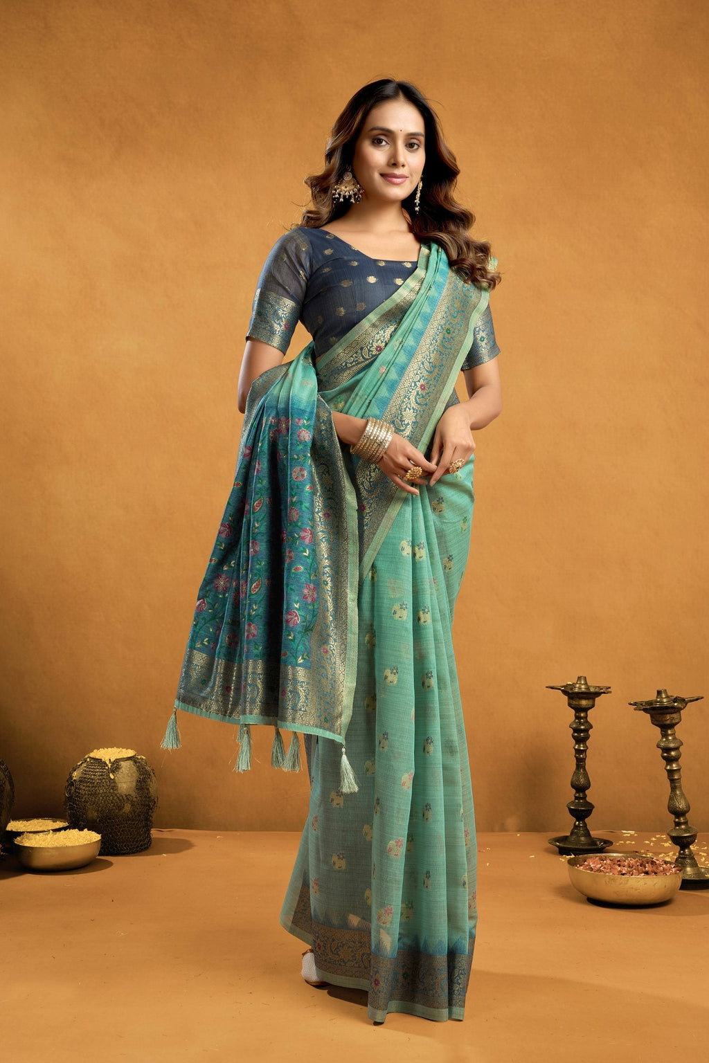 Jyoti Fashion Women's Turquoise Premium Spun Cotton Zari Woven Saree with Blouse - Distacart