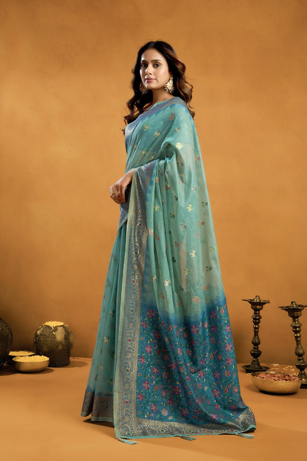 Jyoti Fashion Women's Turquoise Premium Spun Cotton Zari Woven Saree with Blouse - Distacart