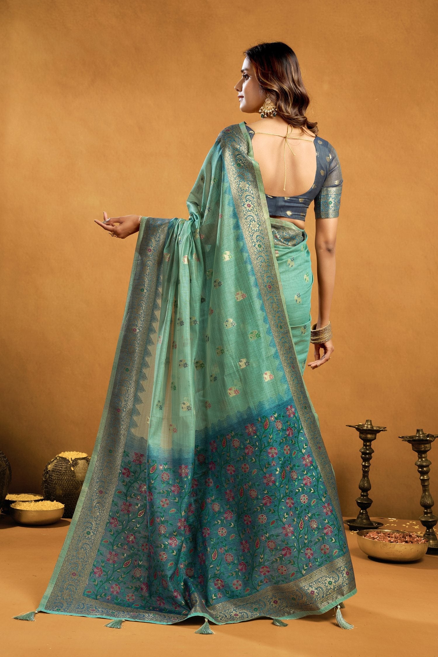 Jyoti Fashion Women's Turquoise Premium Spun Cotton Zari Woven Saree with Blouse - Distacart