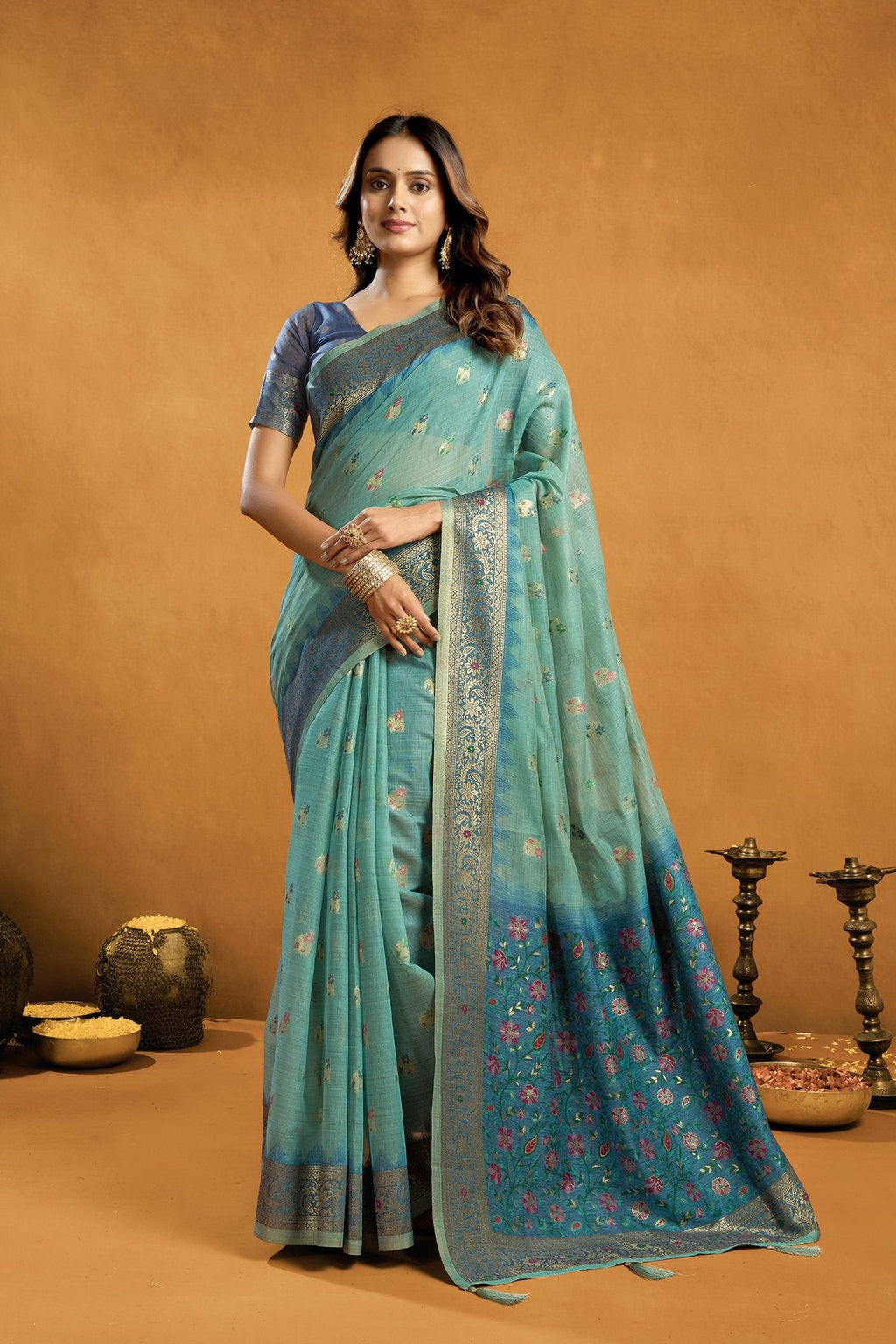Jyoti Fashion Women's Turquoise Premium Spun Cotton Zari Woven Saree with Blouse - Distacart