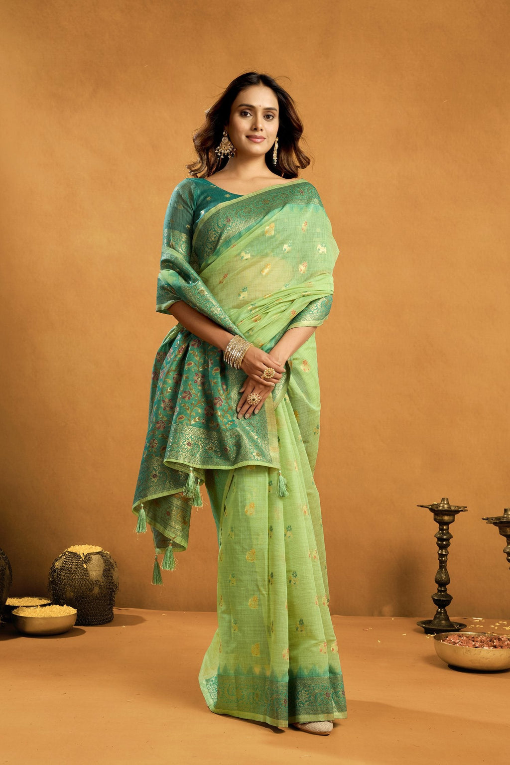 Jyoti Fashion Women's Green Premium Spun Cotton Zari Woven Saree with Blouse - Distacart