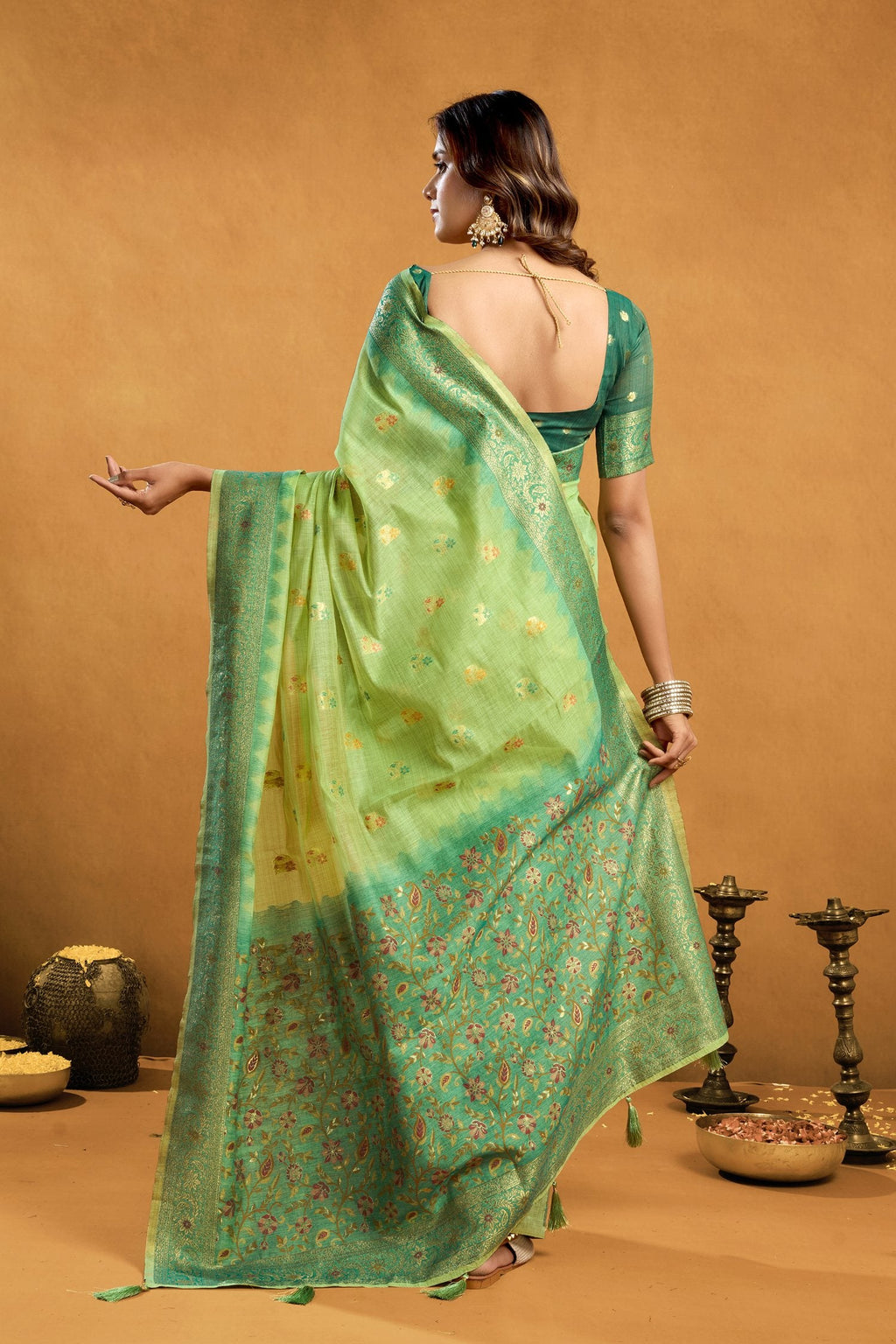 Jyoti Fashion Women's Green Premium Spun Cotton Zari Woven Saree with Blouse - Distacart