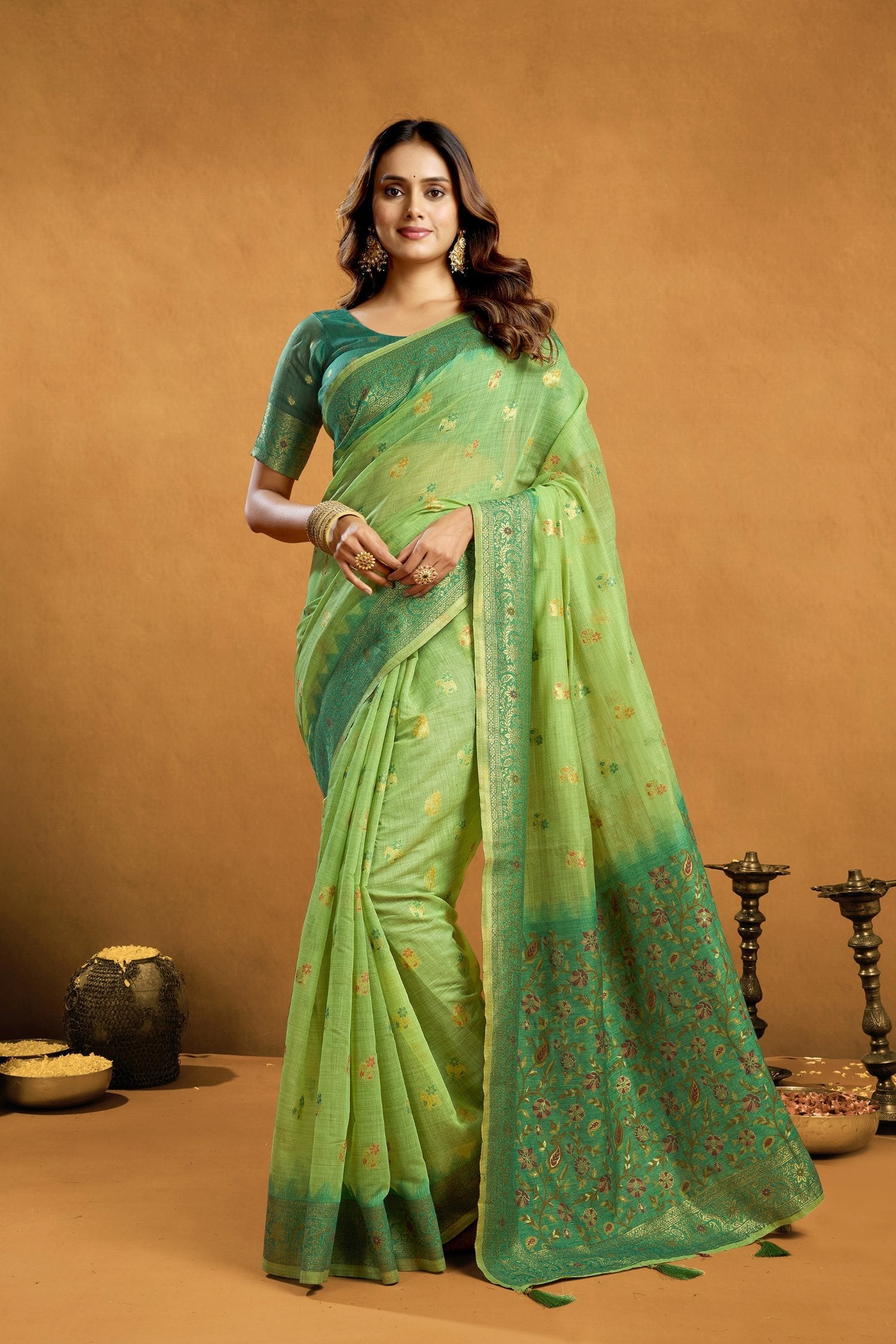Jyoti Fashion Women's Green Premium Spun Cotton Zari Woven Saree with Blouse - Distacart