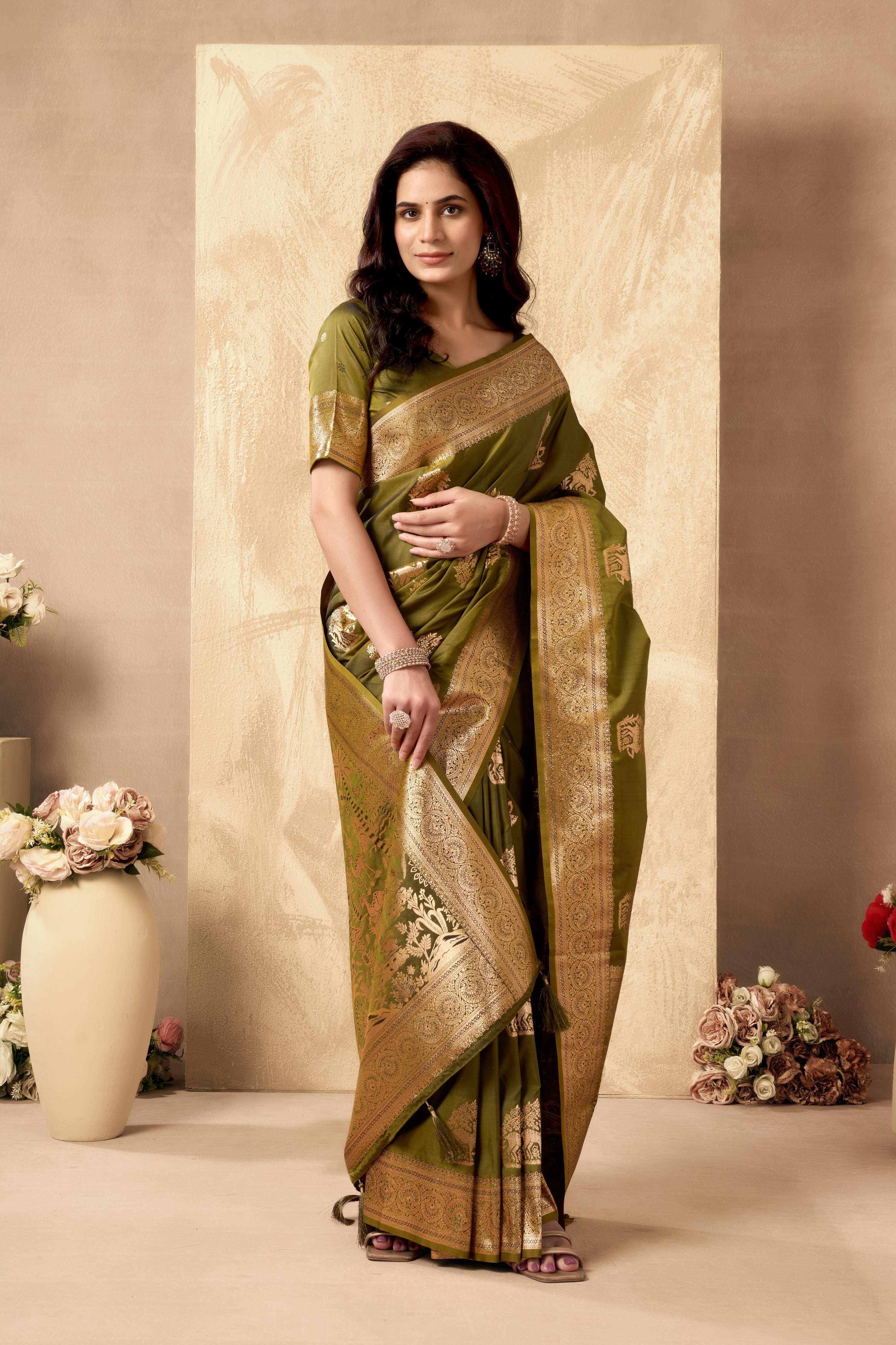 Jyoti Fashion Women's Mehendi Silk Zari Woven Saree with Blouse - Distacart