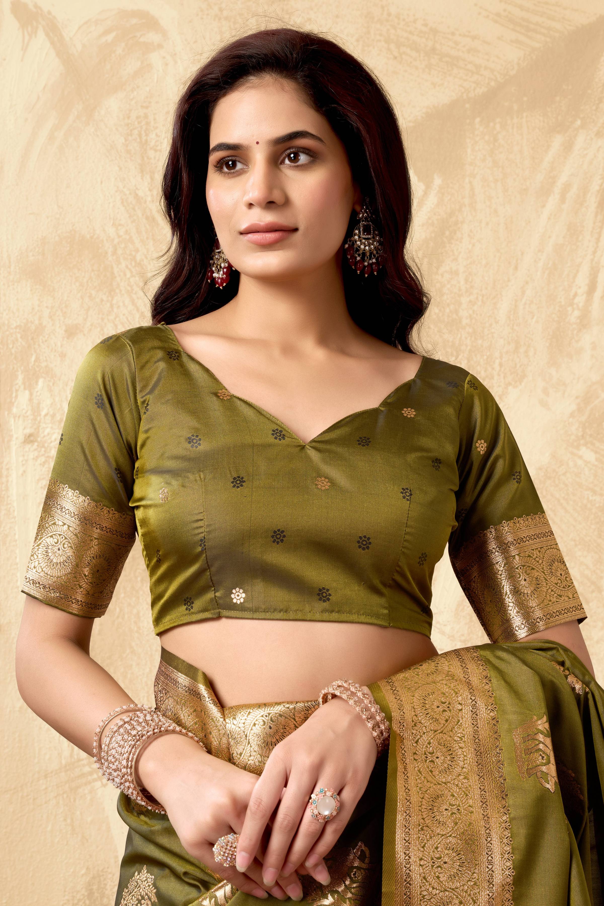 Jyoti Fashion Women's Mehendi Silk Zari Woven Saree with Blouse - Distacart