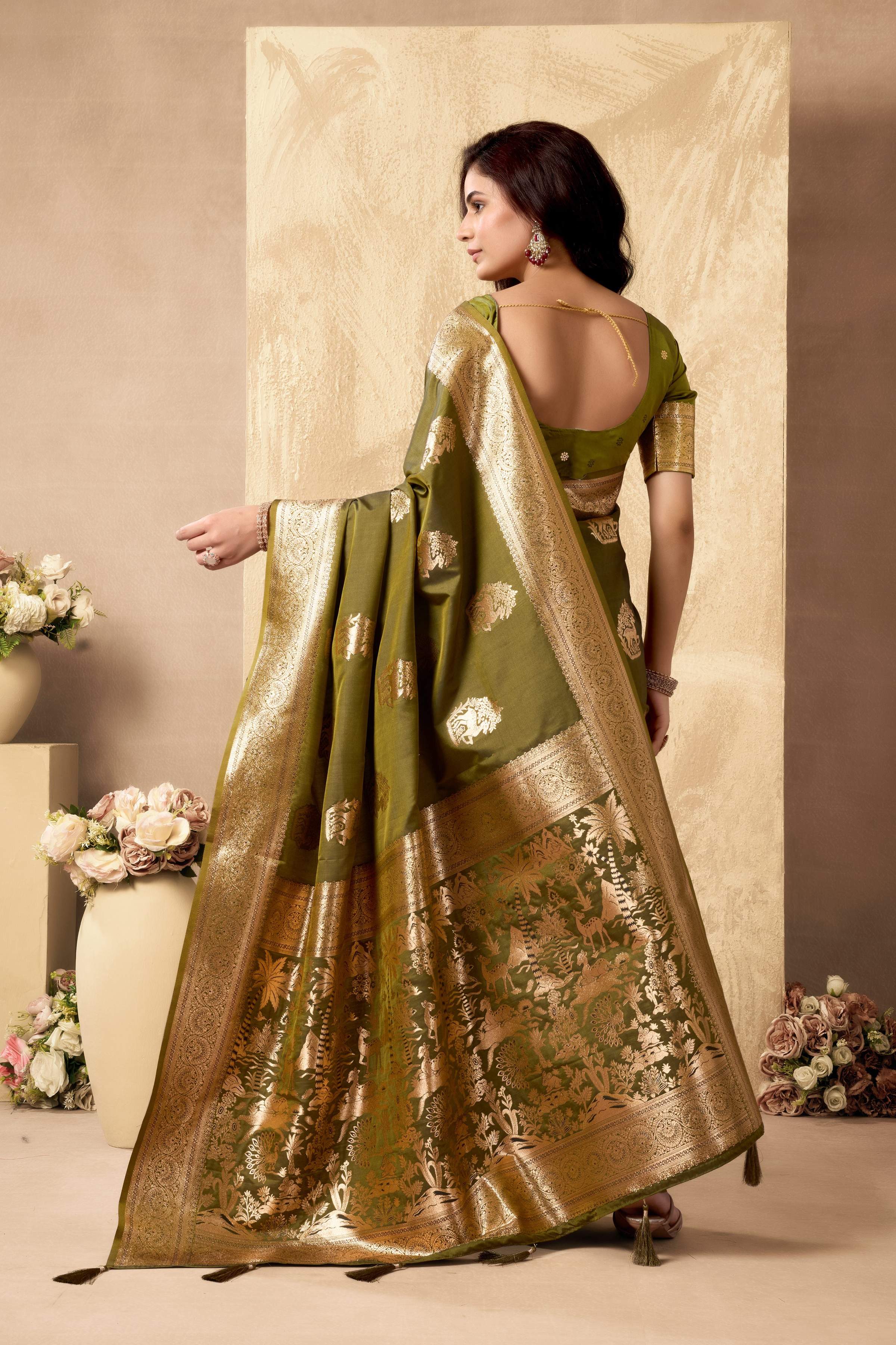 Jyoti Fashion Women's Mehendi Silk Zari Woven Saree with Blouse - Distacart