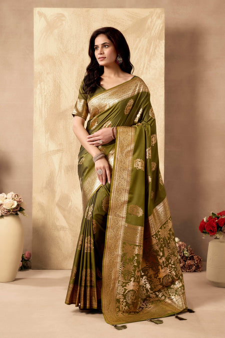 Jyoti Fashion Women's Mehendi Silk Zari Woven Saree with Blouse
