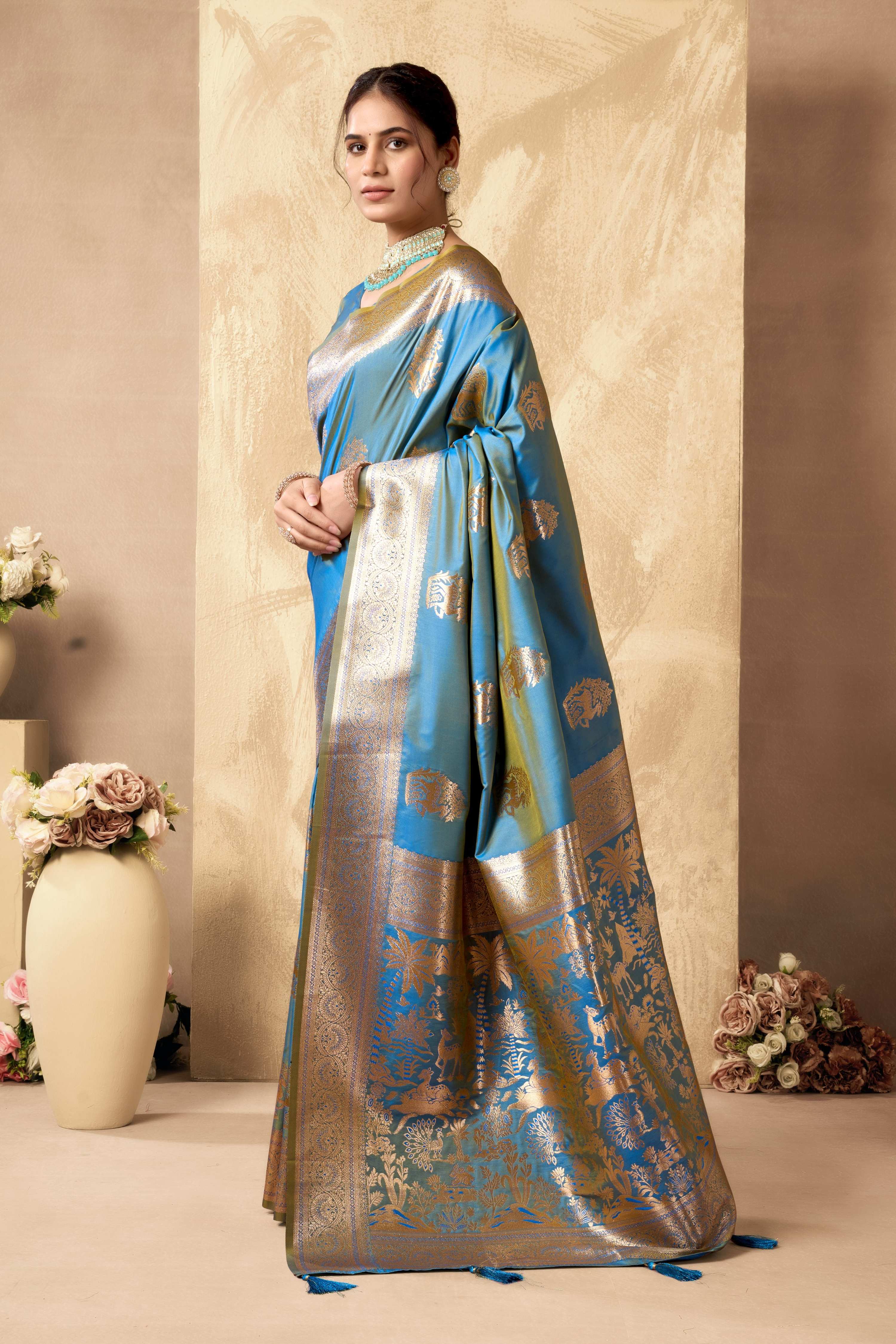 Jyoti Fashion Women's Sky Blue Silk Zari Woven Saree with Blouse - Distacart