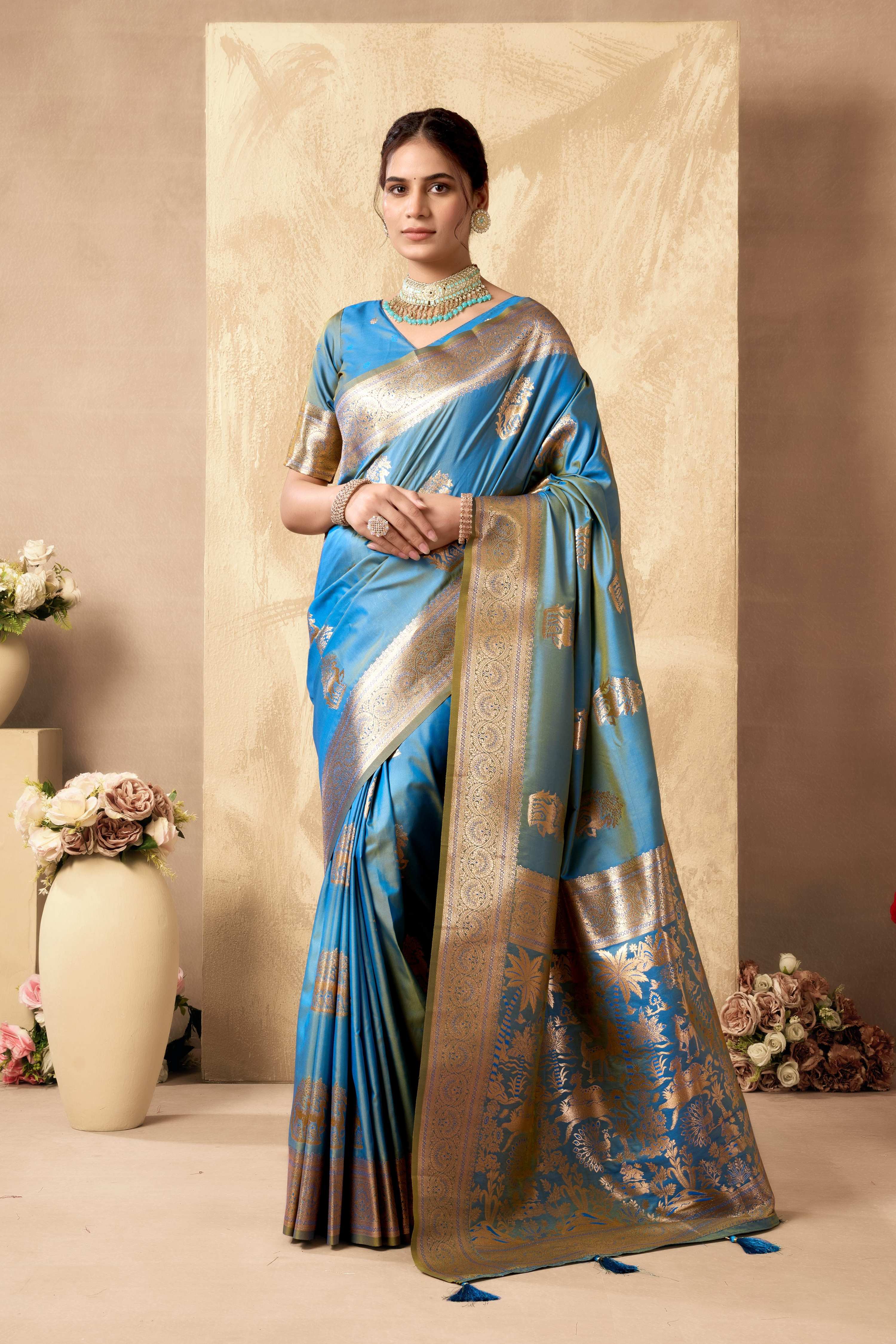 Jyoti Fashion Women's Sky Blue Silk Zari Woven Saree with Blouse - Distacart