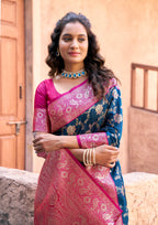 Jyoti Fashion Women's Navy Blue Silk Zari Woven Saree with Blouse - Distacart
