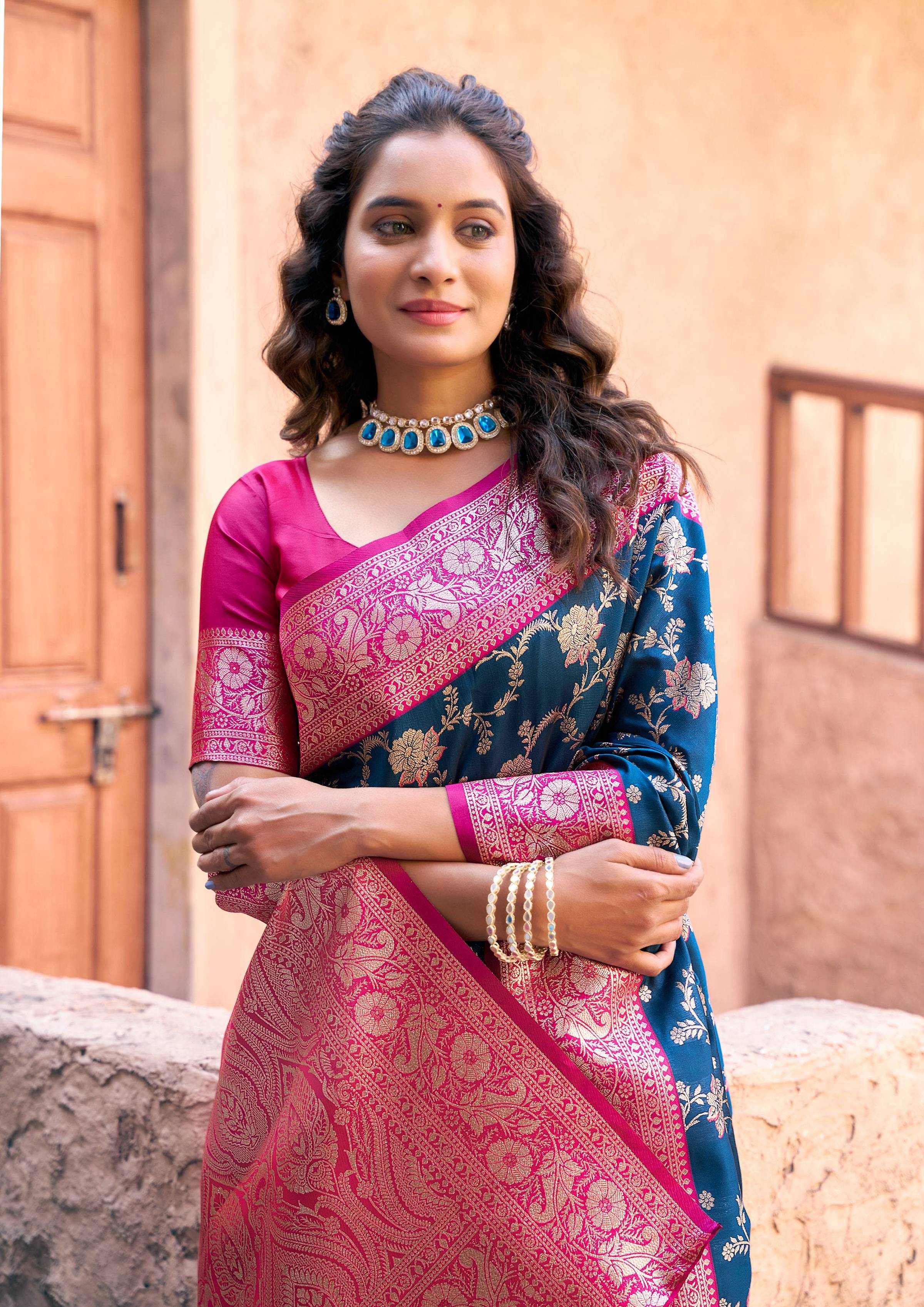 Jyoti Fashion Women's Navy Blue Silk Zari Woven Saree with Blouse - Distacart