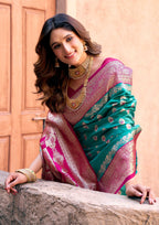 Jyoti Fashion Women's Turquoise Silk Zari Woven Saree with Blouse - Distacart