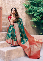 Jyoti Fashion Women's Bottle Green Silk Zari Woven Saree with Blouse - Distacart