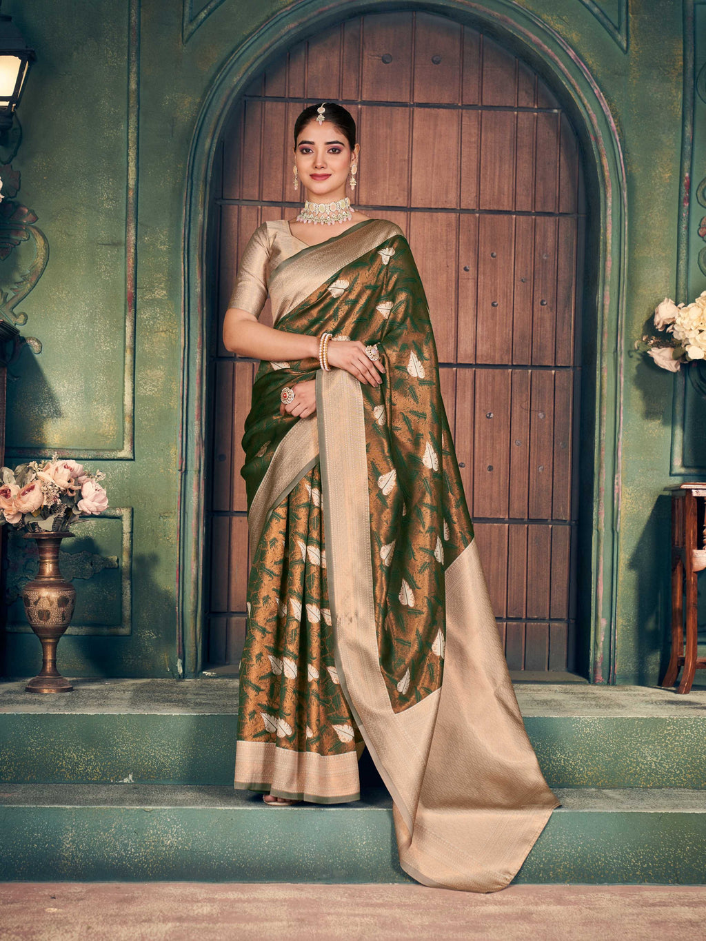 Jyoti Fashion Women's Mehendi Silk Zari Woven Saree with Blouse - Distacart