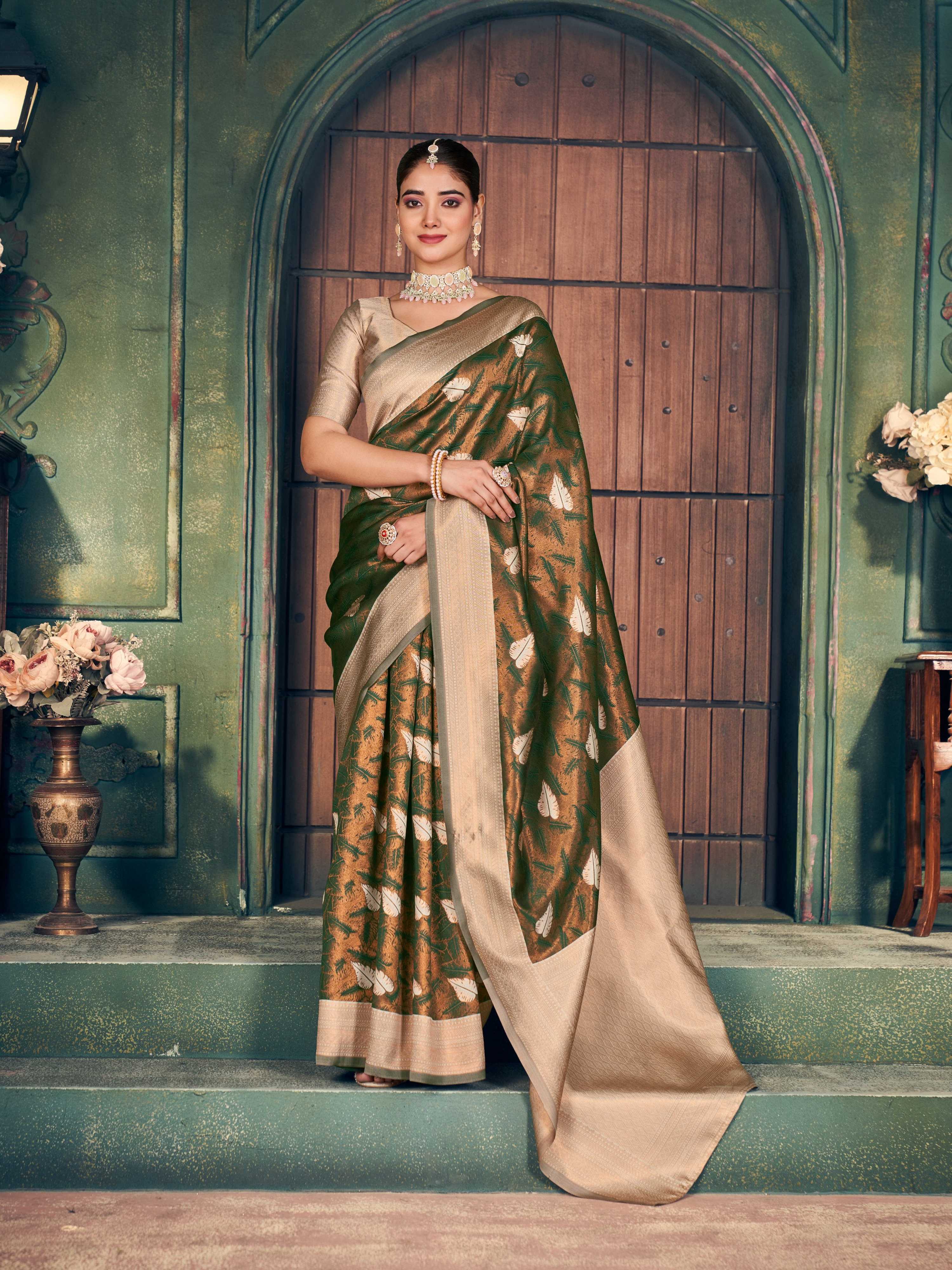 Jyoti Fashion Women's Mehendi Silk Zari Woven Saree with Blouse - Distacart