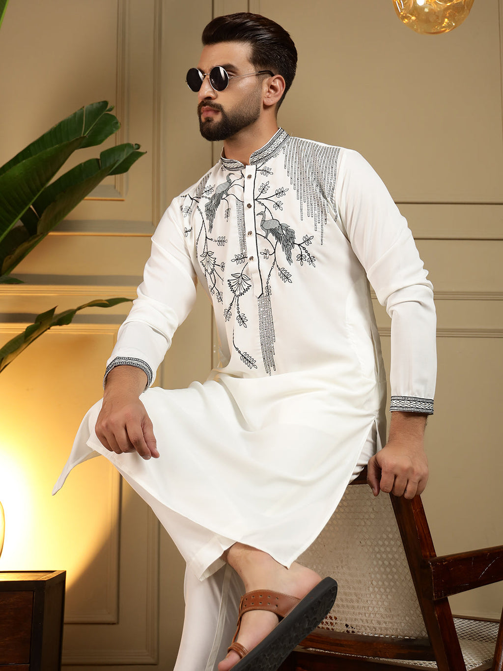 Jyoti Fashion Men's White Viscose Silk Sequins Embroidered Kurta with Pajama